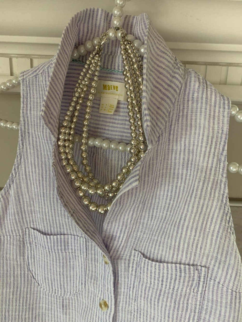 Anthropologie Maeve Lavender/White Striped Sleeveless Collared Top Size 2